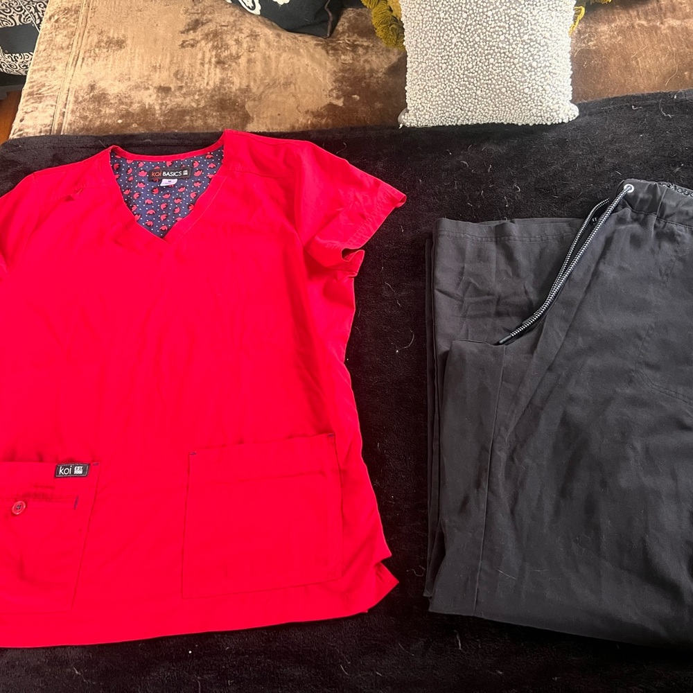 Koi Vivid Red Scrub Top with Classic Black Scrub Pants